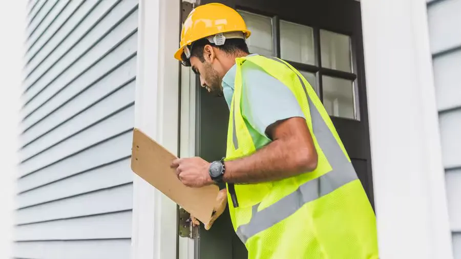 A male inspector in a hard hat conducts a property inspection outdoors with a clipboard.